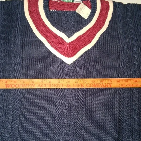 Vintage 90s Stefano Man Sweater L Blue Maroon Cable Knit V Neck Academia Preppy - Picture 4 of 14